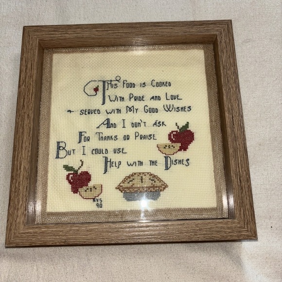 Vintage Handmade Cross Stitch, Help with Dishes 9"x9"x 2" Frame Completed Apples - Picture 1 of 10